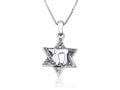 Sterling Silver Pendant Necklace, Engraved Star of David Enclosing Chai Letters