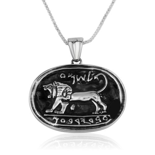 Sterling Silver Pendant Necklace, Lion of Judah on Black - Ancient Megiddo Seal