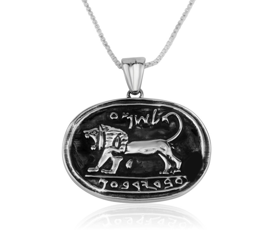Sterling Silver Pendant Necklace, Lion of Judah on Black - Ancient Megiddo Seal
