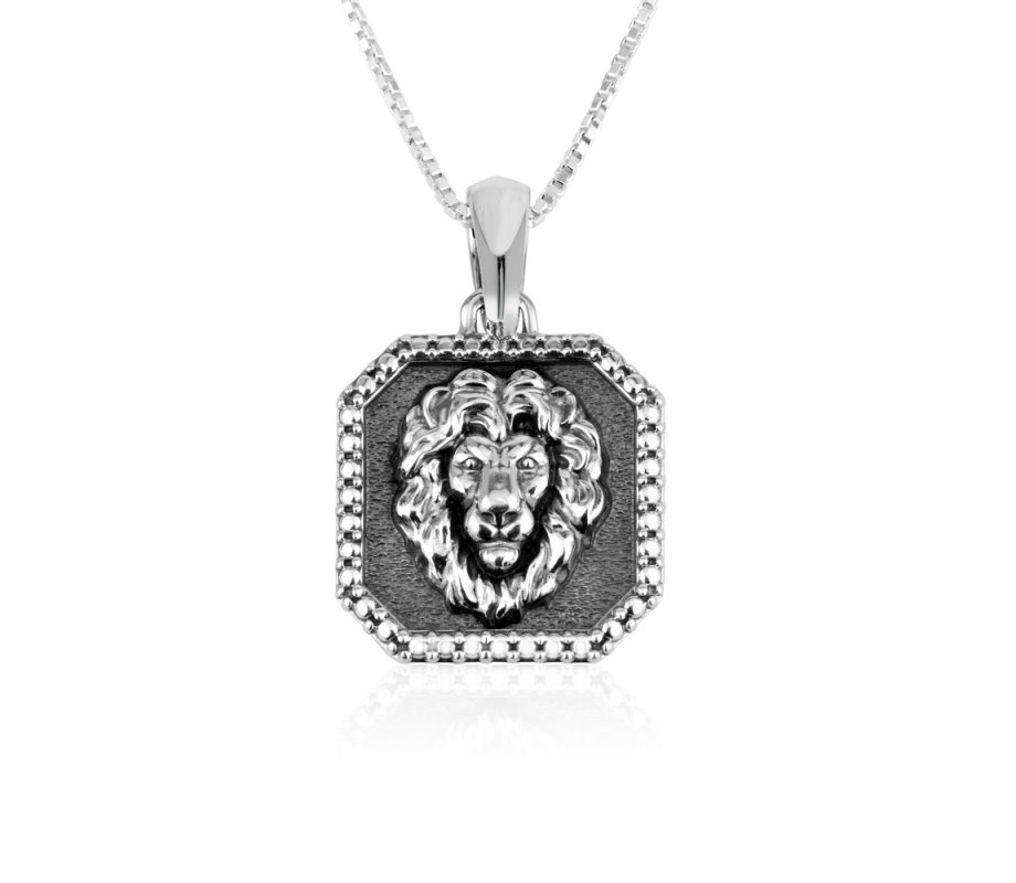 Sterling Silver Pendant Necklace, Lion of Judah on Dark Silver – Dotted Border
