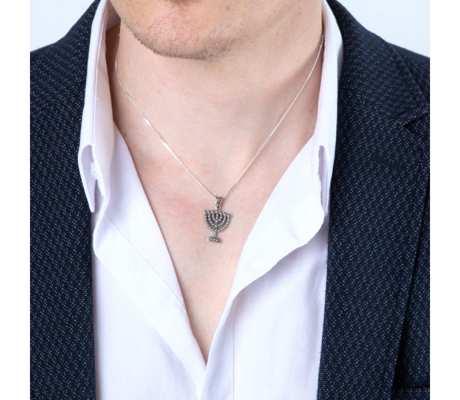 Sterling Silver Pendant Necklace, Seven Branch Menorah – Beaded Artwork Design