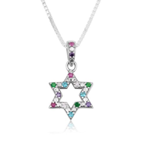 Sterling Silver Pendant Necklace, Star of David Decorated with Colored Crystals