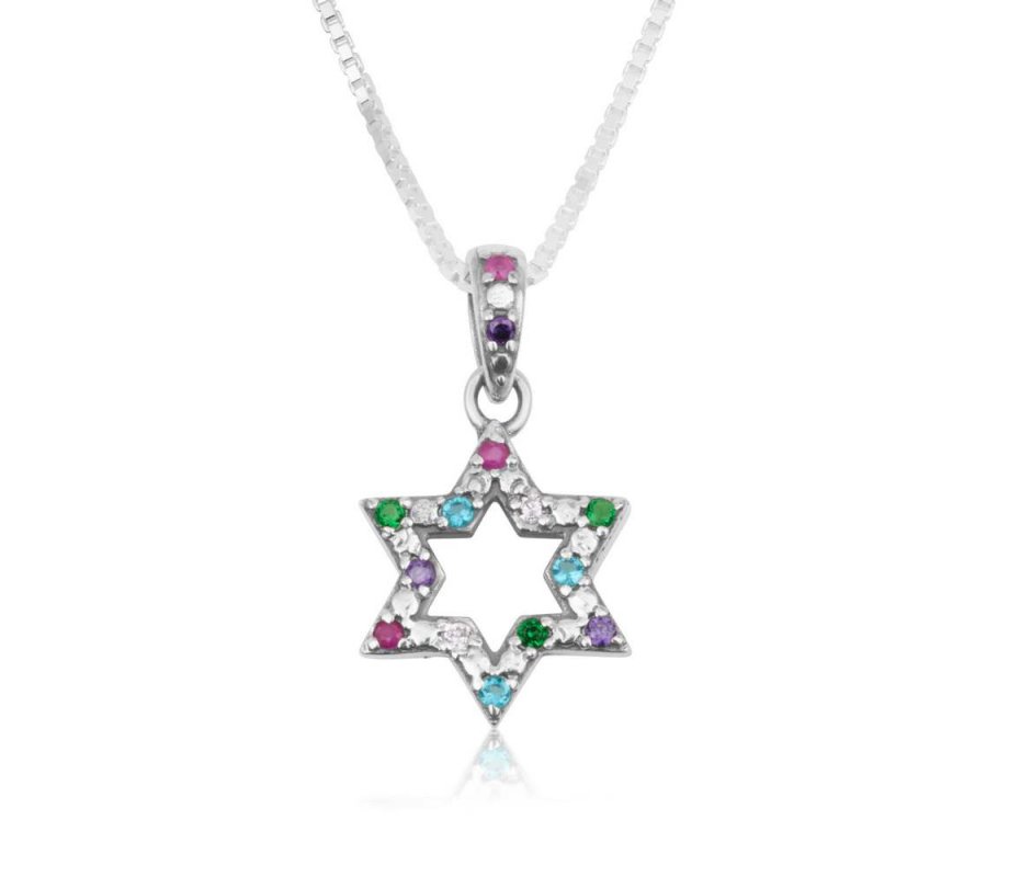 Sterling Silver Pendant Necklace, Star of David Decorated with Colored Crystals