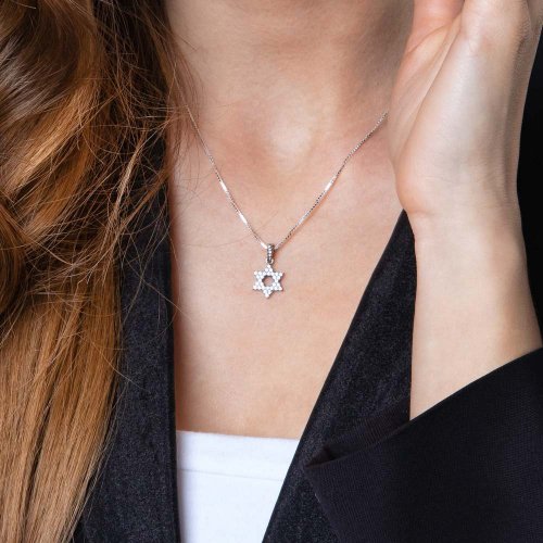 Sterling Silver Pendant Necklace, Star of David Filled With Zircon Stones