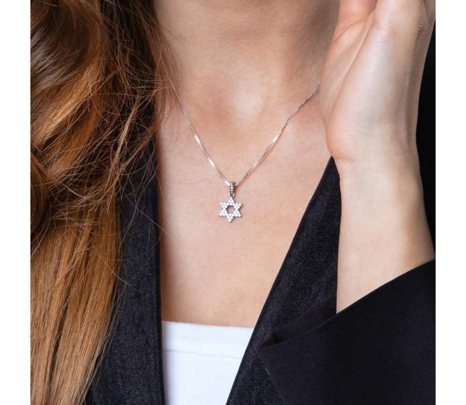 Sterling Silver Pendant Necklace, Star of David Filled With Zircon Stones