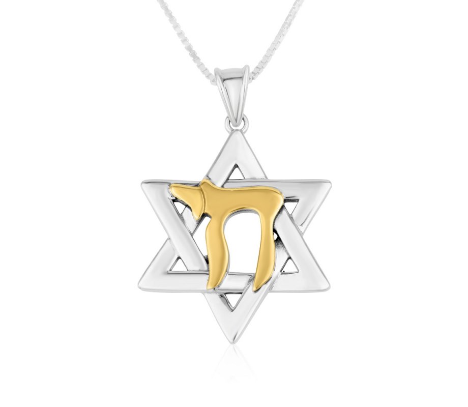 Sterling Silver Pendant Necklace, Star of David Pendant and 14K Gold Plated Chai