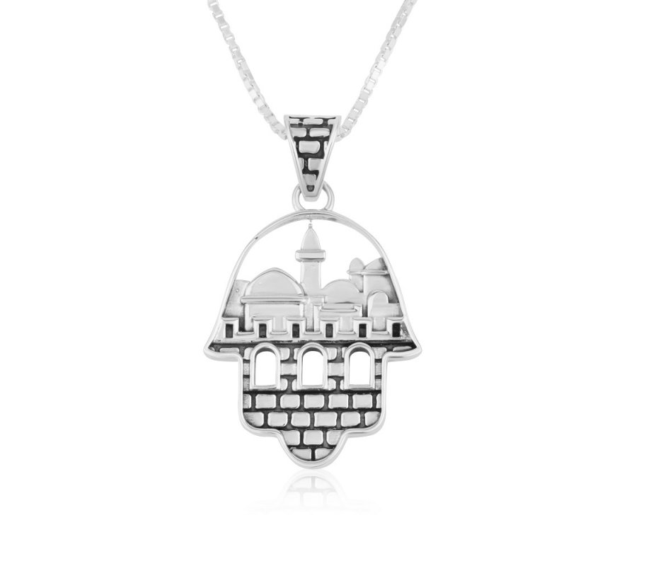 Sterling Silver Pendant Necklace with Decorative Hamsa and Jerusalem Images