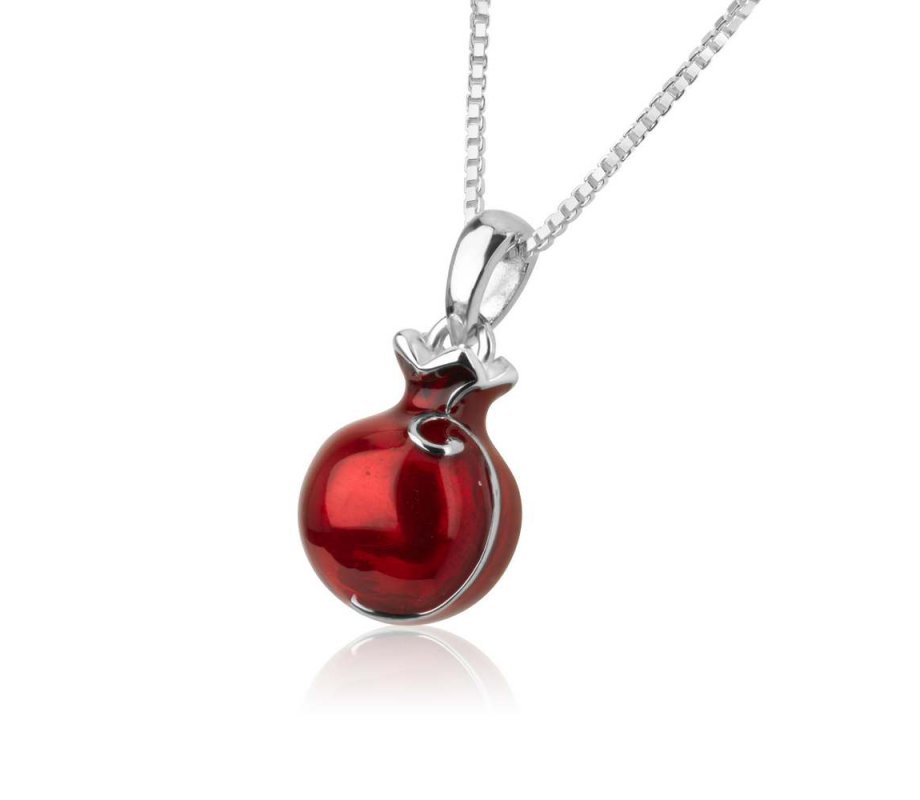 Sterling Silver Pomegranate Pendant Necklace with Red Enamel and Garnet Stones