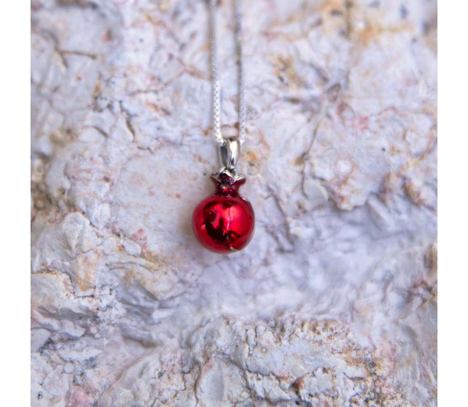 Sterling Silver Pomegranate Pendant Necklace with Red Enamel and Garnet Stones