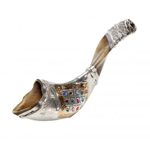 Sterling Silver Ram's Horn Shofar - Choshen Breastplate with Colorful Stones