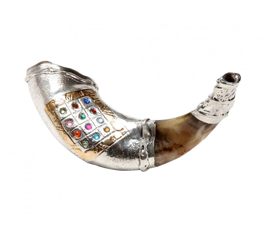 Sterling Silver Ram's Horn Shofar - Choshen Breastplate with Colorful Stones