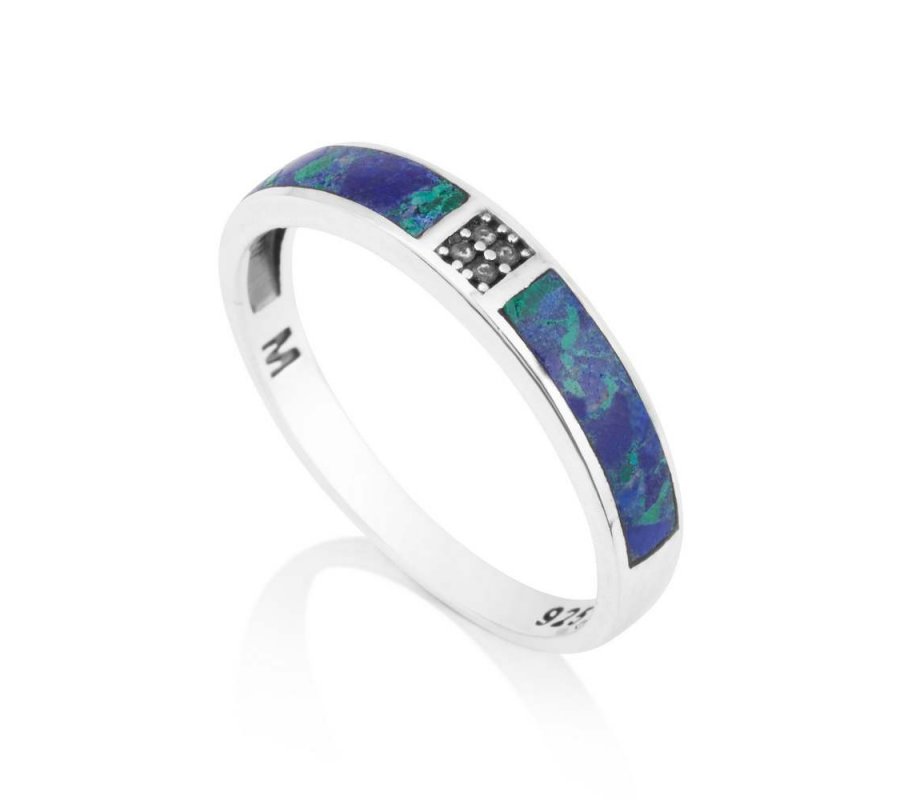 Sterling Silver Ring with Blue-Green Eilat Stone and Band with Diamond Shapes