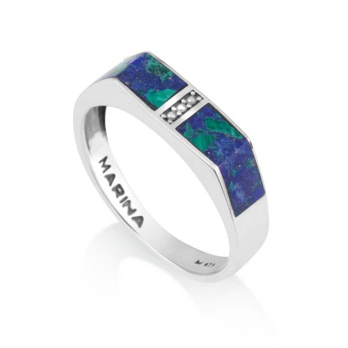 Sterling Silver Ring with Squared Eilat Stone and Decorative Band