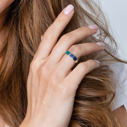 Sterling Silver Ring with Squared Eilat Stone and Decorative Band