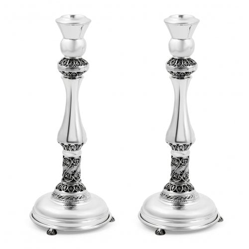 Sterling Silver Shabbat Candlesticks - Filigree Design