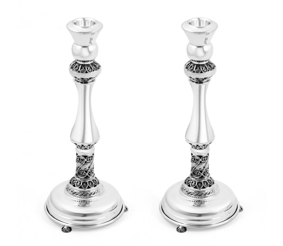 Sterling Silver Shabbat Candlesticks - Filigree Design