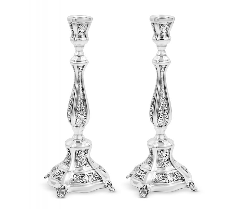 Sterling Silver Shabbat Candlesticks - Leaf Design on Hammered Background