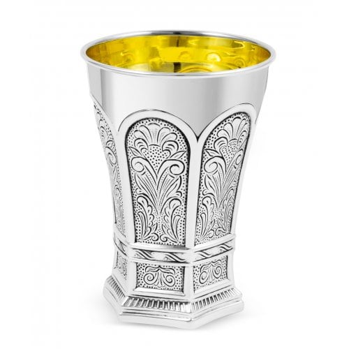 Sterling Silver Shabbat Kiddush Cup with Plate - Hammered Ornate Arch Design