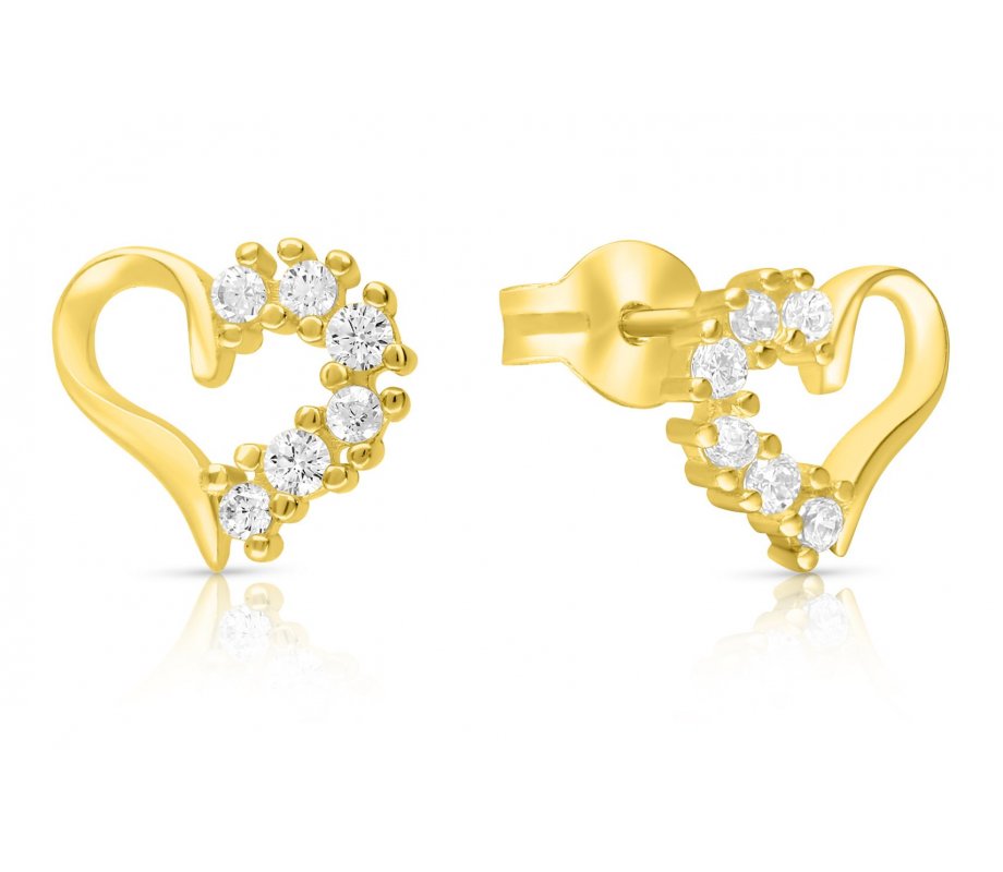 Sterling Silver Stud Earrings with Zircons, Heart Shape - Gold Plated or Silver
