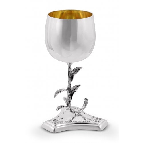 Sterling Silver Traditional Viznitz Kiddush Cup with Leaves on Stem and Base