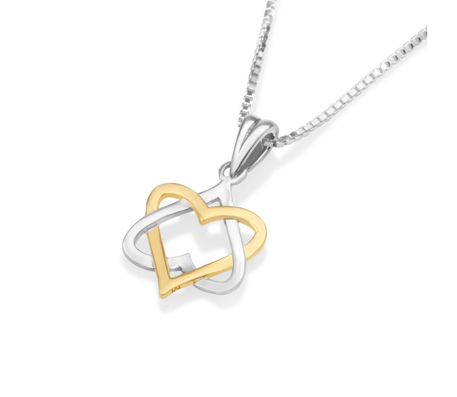 Sterling Silver Two Tone Pendant Necklace - Star of David Heart
