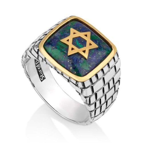 Sterling Silver and Gold Plated Man's Jewish Ring with Eilat Stone and Star of David