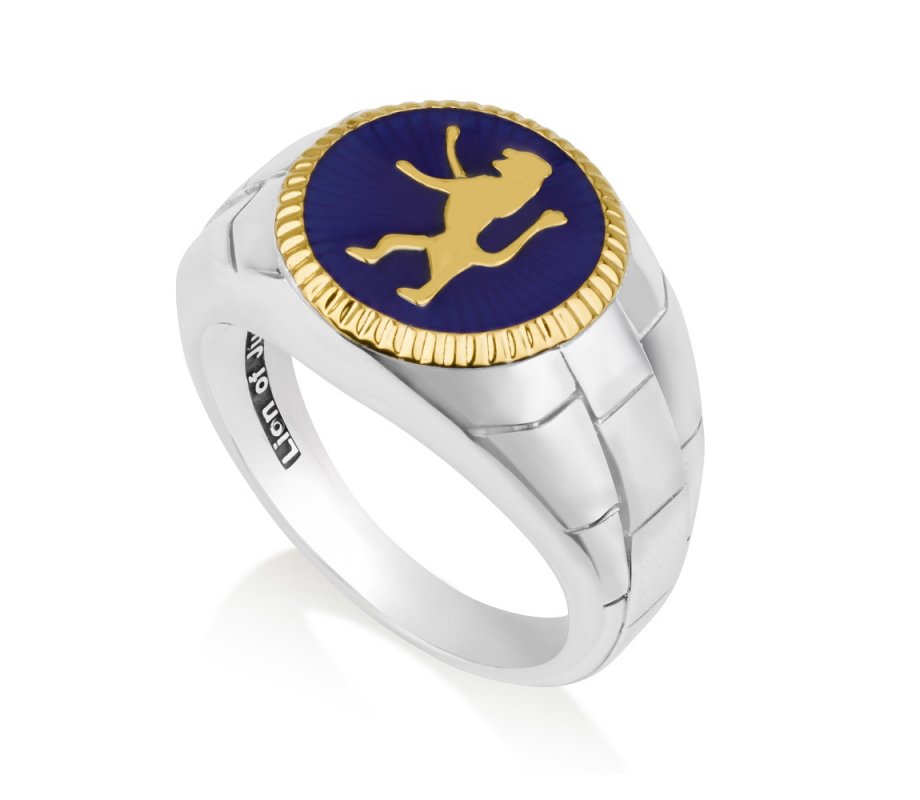 Sterling Silver and Gold Plated Man's Ring with Lion of Judah on Blue Enamel