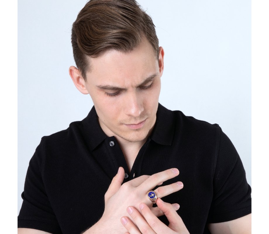 Sterling Silver and Gold Plated Man's Ring with Lion of Judah on Blue Enamel