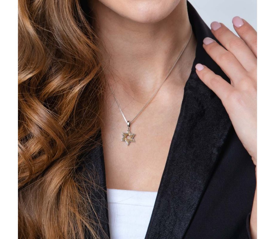 Sterling Silver and Gold Plated Pendant Necklace – Double Stars of David