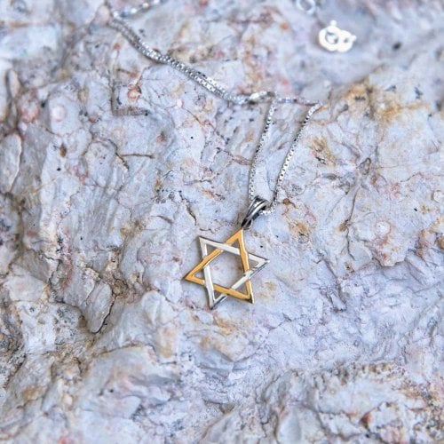 Sterling Silver and Gold Plated Pendant Necklace  Interlocking Stars of David