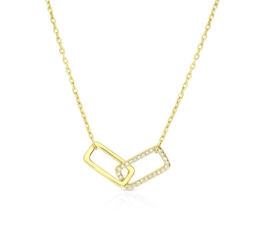 Sterling Silver or Yellow Gold Necklace with Zircon Pendant of Linked Rectangles