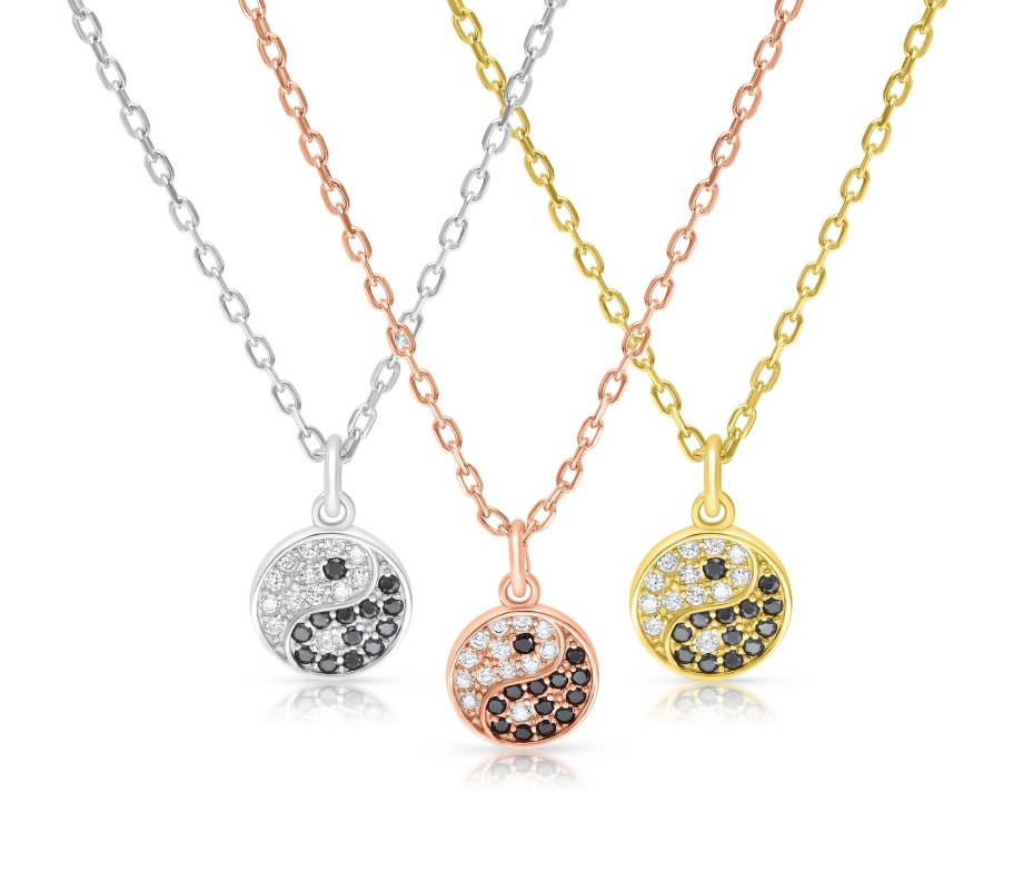 Sterling Silver or Yellow or Rose Gold Necklace with Ying Yang Zircon Pendant