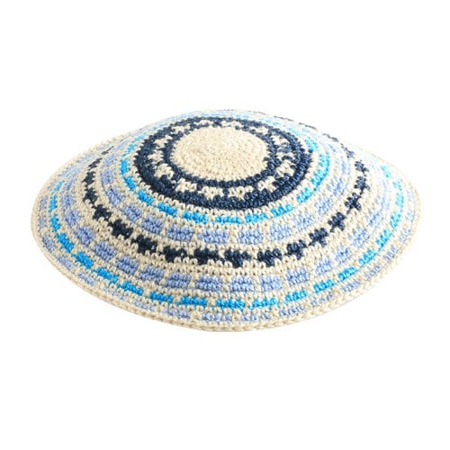 Stripes of Blue DMC Knitted Kippah with White Background
