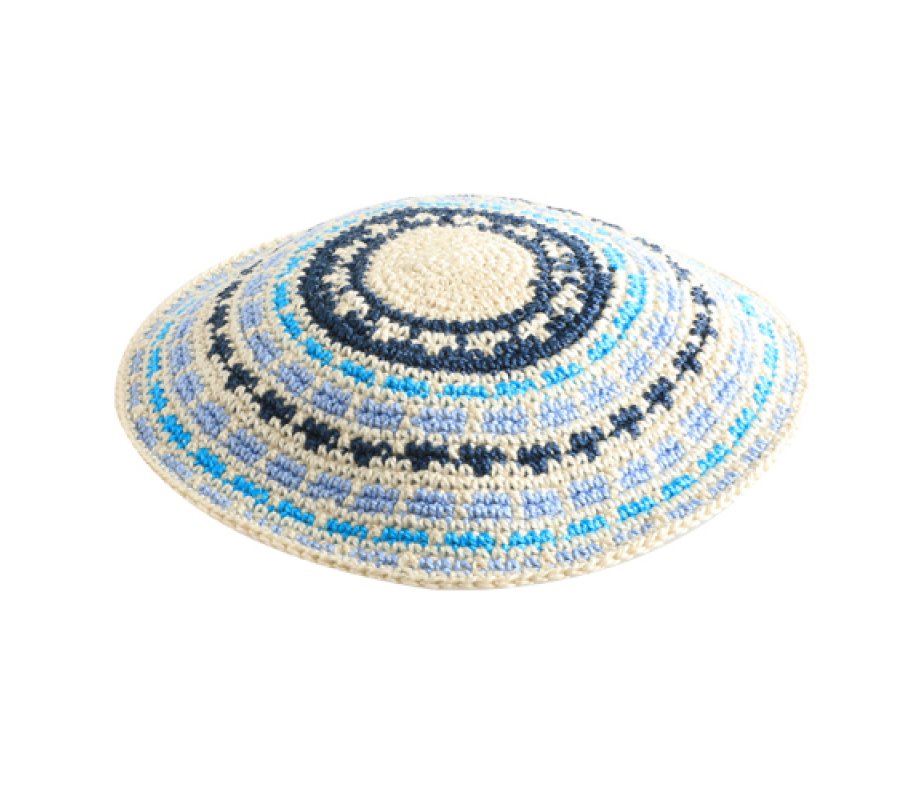 Stripes of Blue DMC Knitted Kippah with White Background