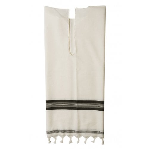 Talitnia White Wool Tallit Katan With Center Fringes - Black Stripes