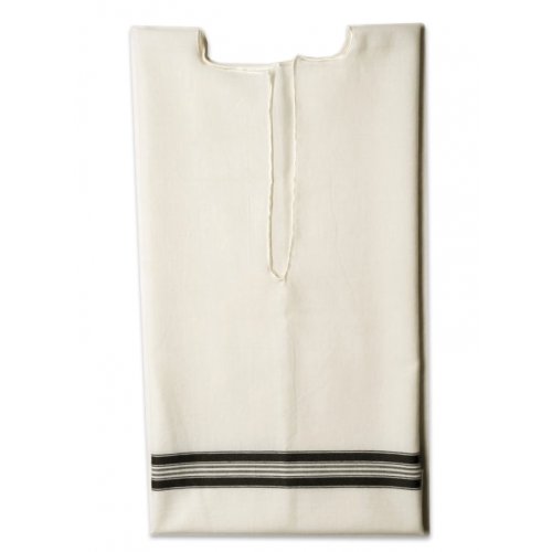 Talitnia White Wool Tallit Katan Without Center Fringes - Black Lines