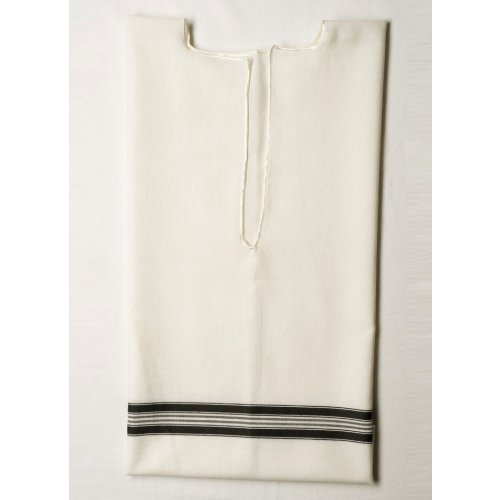 Talitnia White Wool Tallit Katan Without Center Fringes - Black Lines