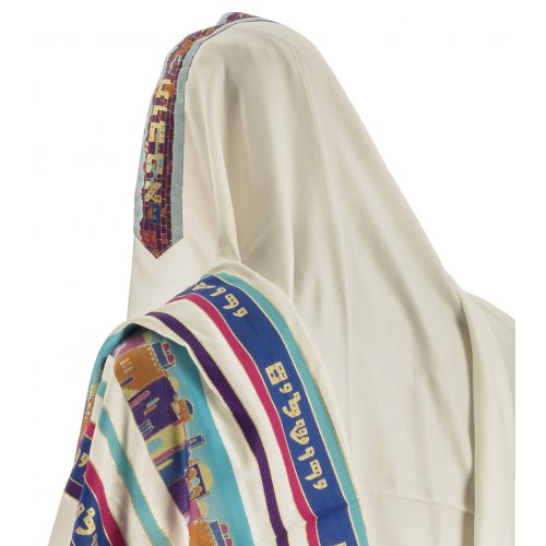 Talitnia Wool Dacron Tallit Jerusalem Holy City Prayer Shawl - Blue