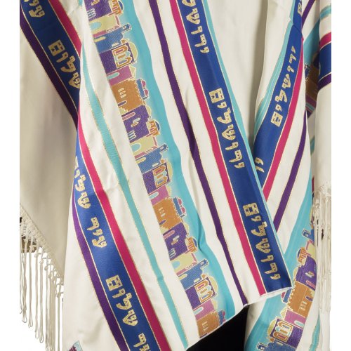 Talitnia Wool Dacron Tallit Jerusalem Holy City Prayer Shawl - Blue