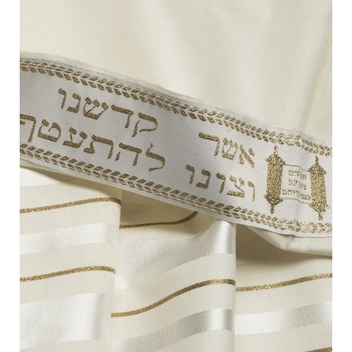 Talitnia Wool Tallit Traditional Kosher Prayer Shawl - White & Gold Stripes