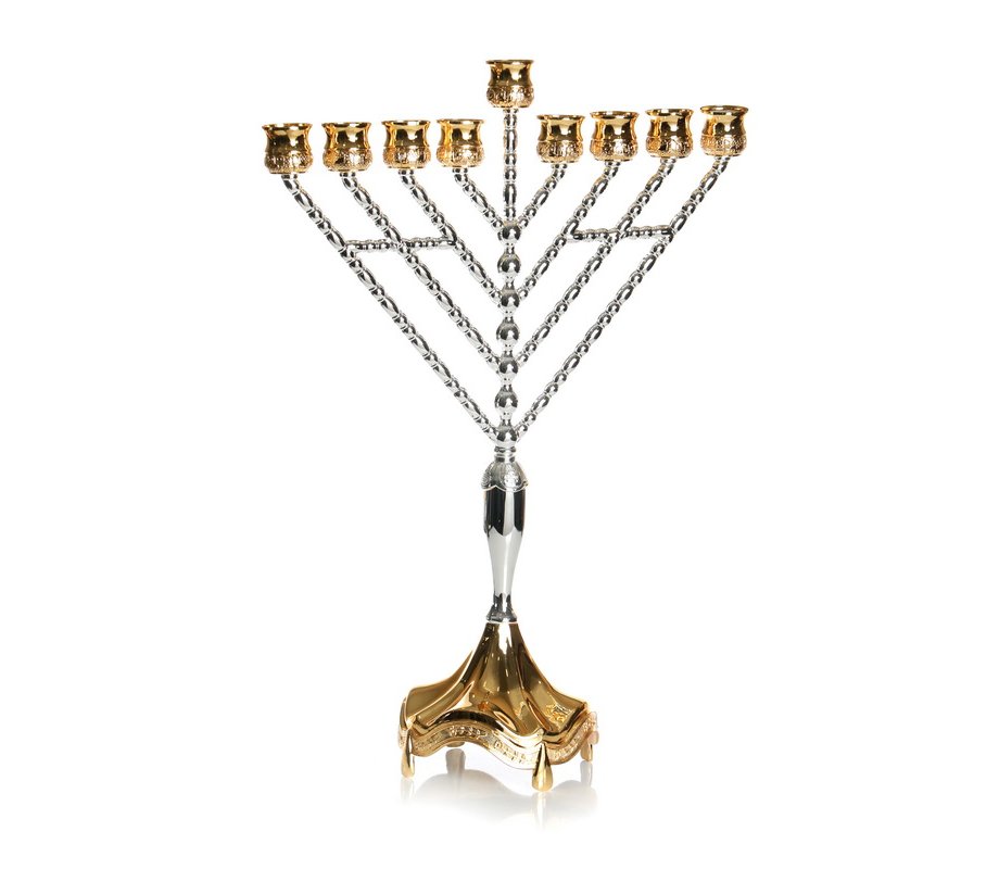 Tall Chabad Lubavitch Nickel Chanukah Menorah, Silver and Gold - 18.9