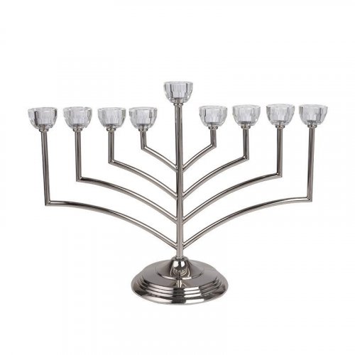 Tall Chanukah Menorah with Angular Branches & Glass Holders, Silver - 14 Inches