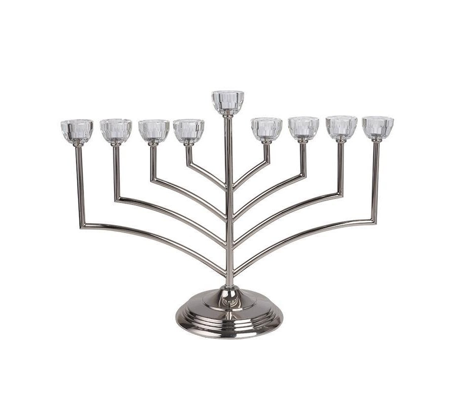 Tall Chanukah Menorah with Angular Branches & Glass Holders, Silver - 14 Inches