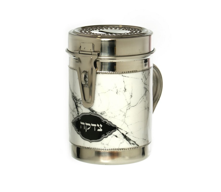 Tall Charity Box with Handle, Gleaming Silver with Gray and White Marble Design