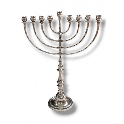 Tall Classic Nickel Chanukah Menorah, Gold Pomegranate-Shaped Cups - 24 Inches