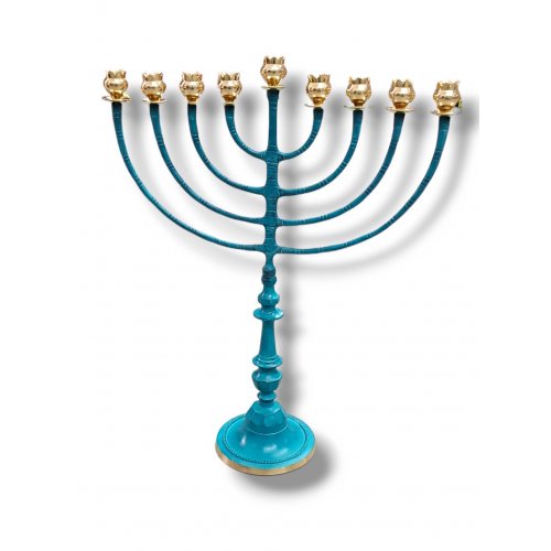 Tall Classic Patina Chanukah Menorah, Gold Pomegranate Shaped Cups - 24 Inches