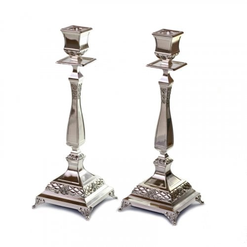 Tall Classic Silver Plated Shabbat Candlesticks with Stem - Height 13.7