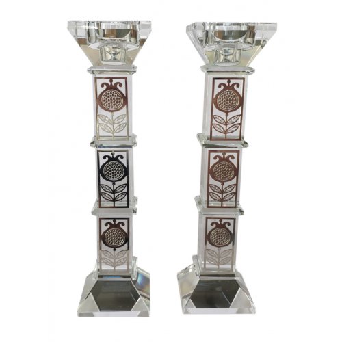 Tall Crystal Glass Candlesticks with Pomegranate Decoration - 9 Inches