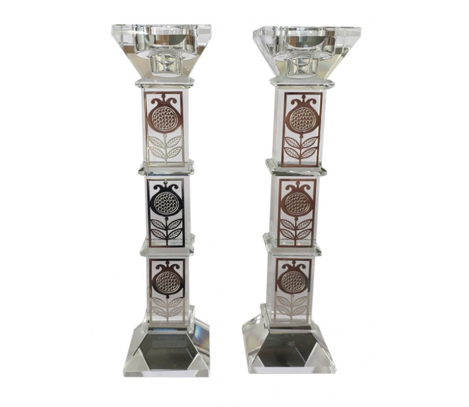 Tall Crystal Glass Candlesticks with Pomegranate Decoration - 9 Inches