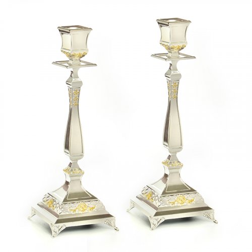 Tall Shabbat Candlesticks, Silver Plated with Gold Elements - 14.1
